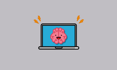 Brain Cartoon Vector Illustration inside a Laptop Artificial Intelligence Concept