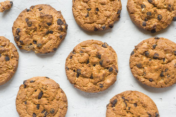 Homemade cookies with chocolate on a grey table. Chocolate chip cookie shot
