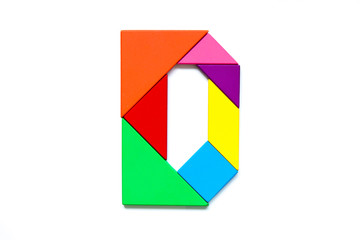 Color tangram puzzle in english alphabet d shape on  white background