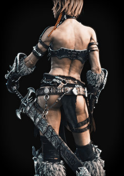 Rear view of an armed female warrior on a black background. 3d rendering