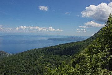 soft focus and colors resort paradise concept of forest mountain sea nature landscape with view to island from above