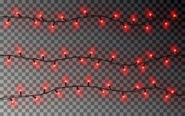 Christmas red lights string. Transparent effect decoration isolated on dark background. Realistic Ch - 213663198