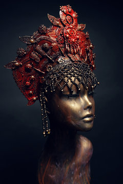 Head of mannequin in creative red kokoshnick