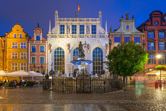 Architecture of Artus Court in Gdansk at night, Poland