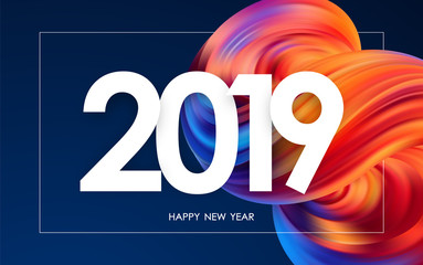 Vector illustration: Happy New Year 2019. Greeting card with colorful abstract fluid shape. Trendy design.
