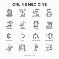 Online medicine, telemedicine thin line icons set: pill timer, ambulance online, medical drone, medical tracker, mHealth, messenger, check symptomps, mobile consultant. Modern vector illustration.