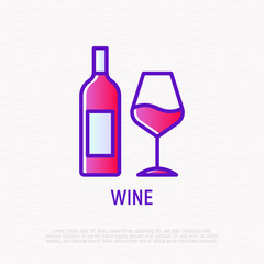 Bottle and glass with wine thin line icon. Modern vector illustration.