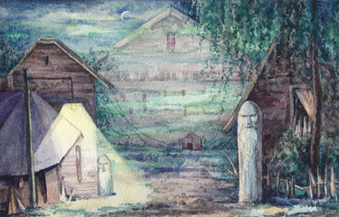 Little town with houses and pagan idols. Watercolor illustration.