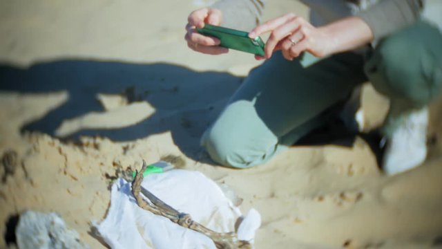The woman is engaged in excavating bones in the sand, Skeleton and archaeological tools. Makes photo on smartphone