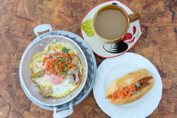 Hot pan fried egg stuff with minced pork and sausage