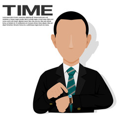 A businessman is pointing to his watch on transparent background