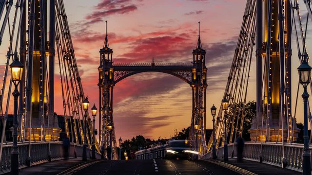 Timelapse view of the victorian Albert bridge in London at sunset