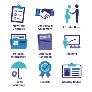 New Employee Hiring Process Icon Set   W Checklist, Handshake, Training, Etc