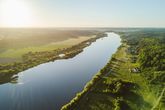 Drone aerial view of Nemunas river, a major Eastern European river