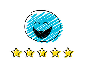 Review - five star rating. Happy blue coloured stickman. Vector.