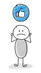 Cartoon stickman holding thumb - like (social media) icon. Vector.