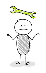 Cartoon stickman holding wrench (work and success concept) icon. Vector.