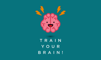 Train your brain Poster Design with Brain Cartoon Vector Illustration 