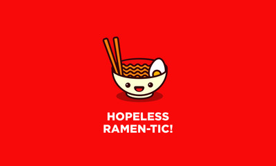 Hopeless Ramentic Ramen Bowl Pun Poster Vector Illustration in Flat Style Line Art