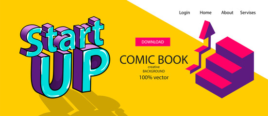 Isometric dynamic startup banner. Business flat arrow step stairs site background template. Header vector design. Digital 3d comic text pop art phrase. Yellow color.