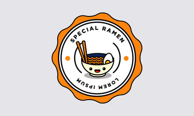 Ramen Bowl Badge and Sticker Vector Illustration in Flat Style Line Art