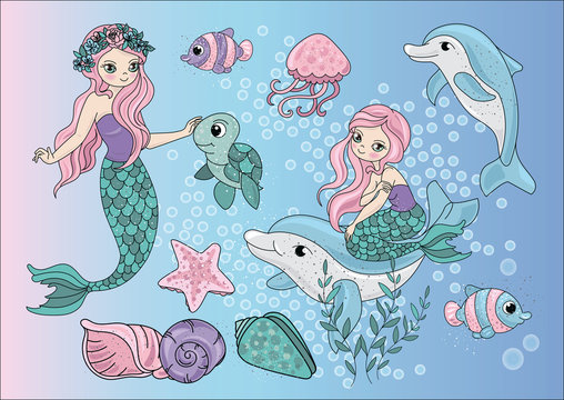 MERMAIDS Sea Color Vector Illustration Set for Scrapbooking and Digital Print on Card And Photo Children’s Albums