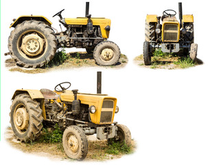An old tractor produced in the 70s of the 20th century. Three isolated photos. Front,side and...