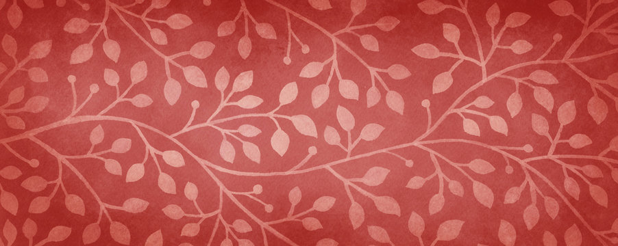red background with floral Christmas watercolor ivy and vine pattern design and old vintage texture, pretty holiday material