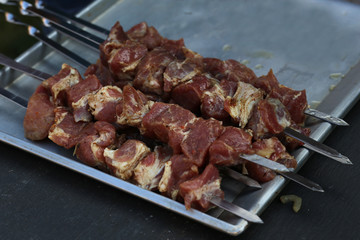 Shish kebabs are fried on the grill