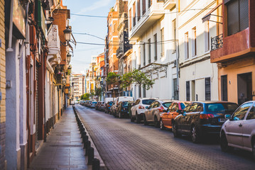 Valencia, Spain - 05.18.2018: Narrow streets of El Cabanyal