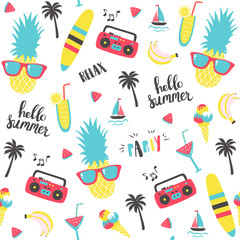 Summer pattern with pineapple, recorder and holiday elements. Vector illustration