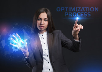 The concept of business, technology, the Internet and the network. A young entrepreneur working on a virtual screen of the future and sees the inscription: Optimization process