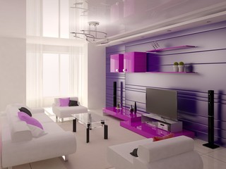 Mock up a modern living room with modern furniture in hi-tech style and a light background.