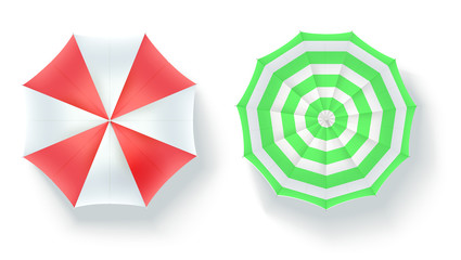 Set of multi colored beach umbrellas, top view. Icons of open parasols isolated on white background. Vector 3D illustration of summer holidays objects on sunny beach, flat lay