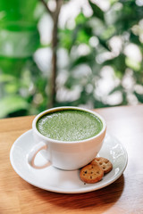 Hot and smooth green tea latte with froth served in white ceramic cup with biscuits