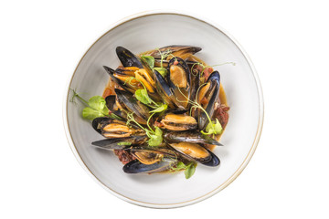 Steamed Mussel plate (w/clipping path) Seafood plate specialty of both France and Belgium