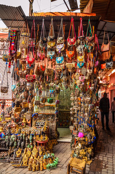 Street of Marrakesh market with traditional souvenirs, Morocco