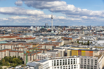 Aerial view of Berlin skyline with famous TV tower and Berliner Dom, Germany