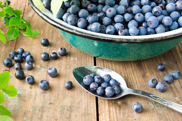 Fresh Bilberries from a bowl on old wooden table. Leaves with berries Bilberries on the Bush for background.Blueberries crumbled on the table