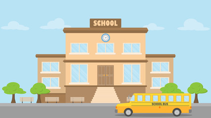 School building, school bus flat style, back to school concept, vector illustration