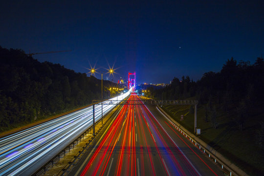 Long Exposure flowing traffic view from Istanbul during twilight