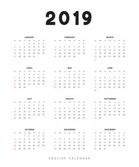 Simple english calendar for 2019 years, Week starts from Sunday.