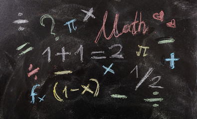 Math equations and symbols, isolated, on blackboard background.