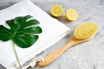 Natural Ingredients for Homemade Body Sea Salt Scrub Lemon Olive Oil White Towel Beauty Concept Skincare Organic Wooden Body Massage Brush Aroma Spa Therapy