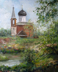Spring landscape with church, oil painting
