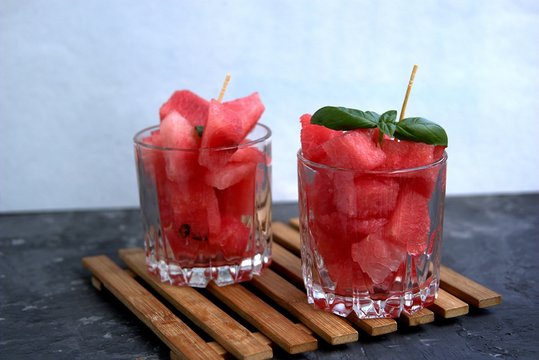 Healthy snack or dessert, sliced watermelon in a glass. Summer concept