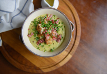 Soup with croutons and ham