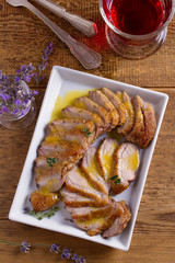 Duck breast with orange sauce on white plate. Duck breast fillet steak. overhead, vertical