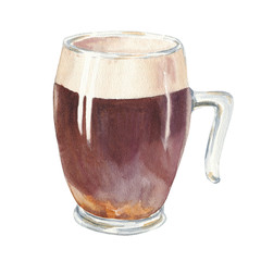 Hand drawn watercolor glass of dark beer, realistic illustration isolated on white background. Drink drawing.