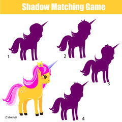 Shadow matching game for children. Find the correct shadow for unicorn. Activity for preschool kids and toddlers